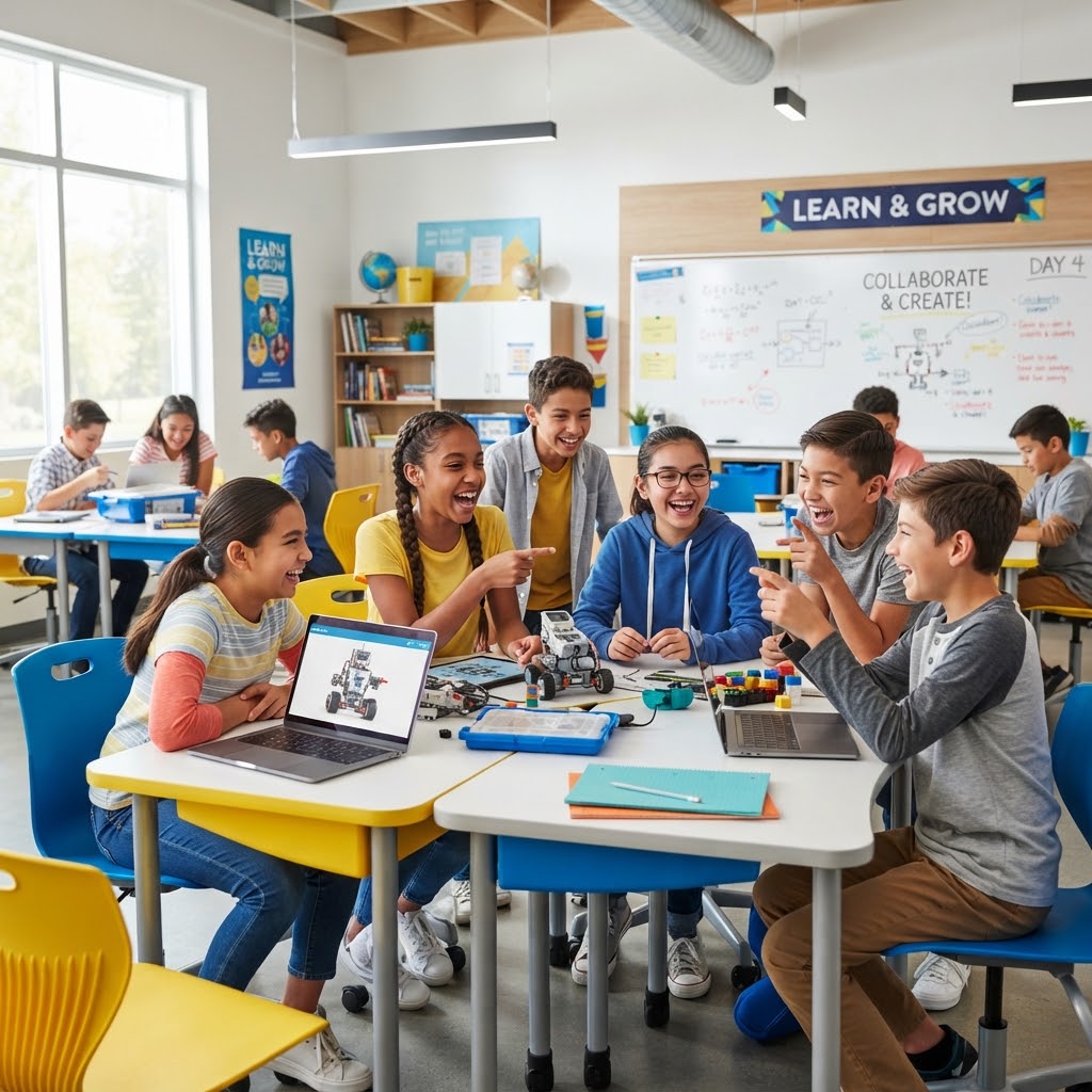 Energetic and happy students in a modern classroom setting. Bright and vibrant lighting, professional photography, focus on active learning and engagement. Clean backgrounds with pops of primary colors (Blue/Yellow). 8k resolution, high contrast, clean composition.