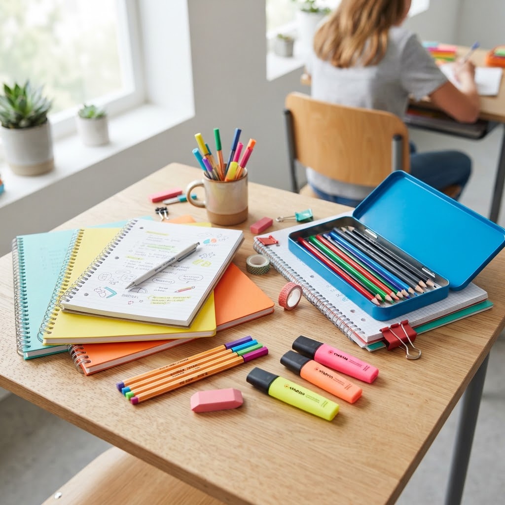 Close-up of colorful school supplies, notebooks, and pencils on a bright desk. Dynamic angle, vibrant colors, clean and modern educational aesthetic. 8k, professional commercial photography.